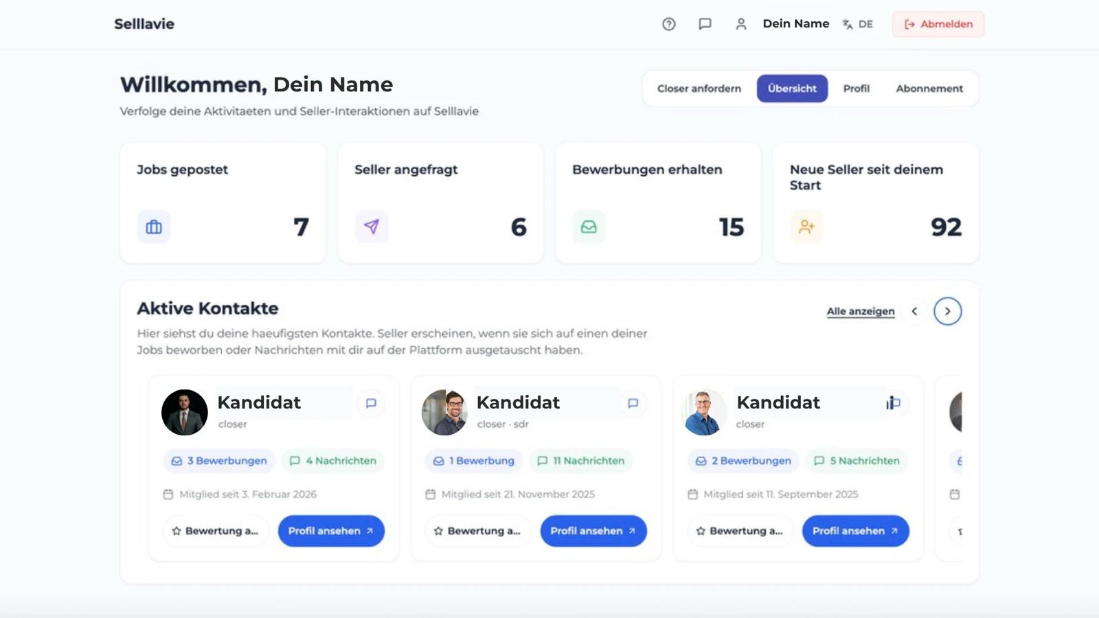 Selllavie Dashboard – Übersicht geprüfter Closer- und Sales-Profile